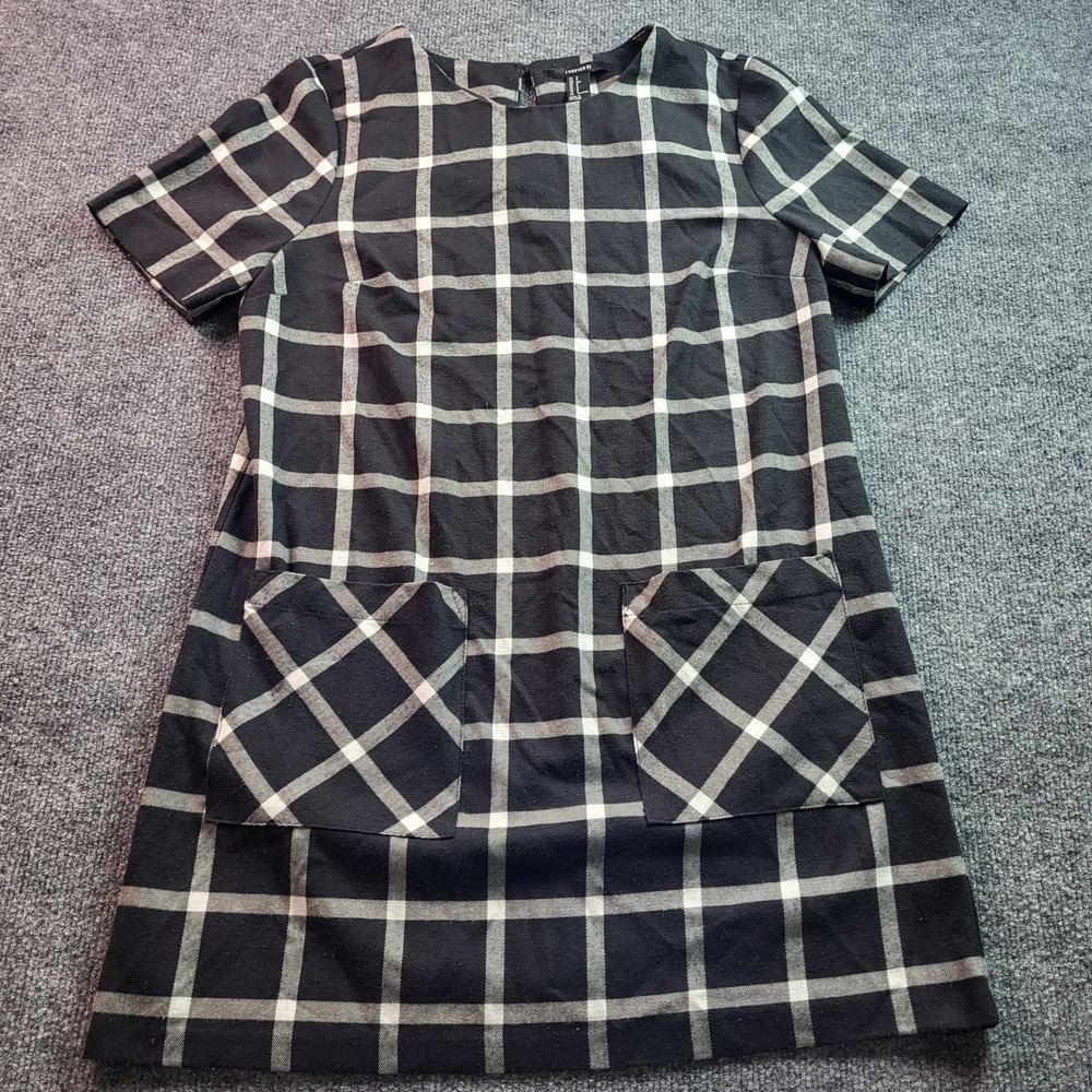 Forever 21 Women's Small Black White Plaid Short Sleeve Mini‎ Dress Pockets